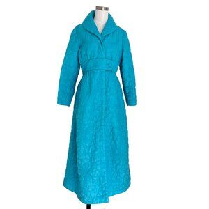 MACY'S MARCHIONESS Vintage Quilted Housecoat Mod 1950s 1960s Robe Aqua Teal Sz S